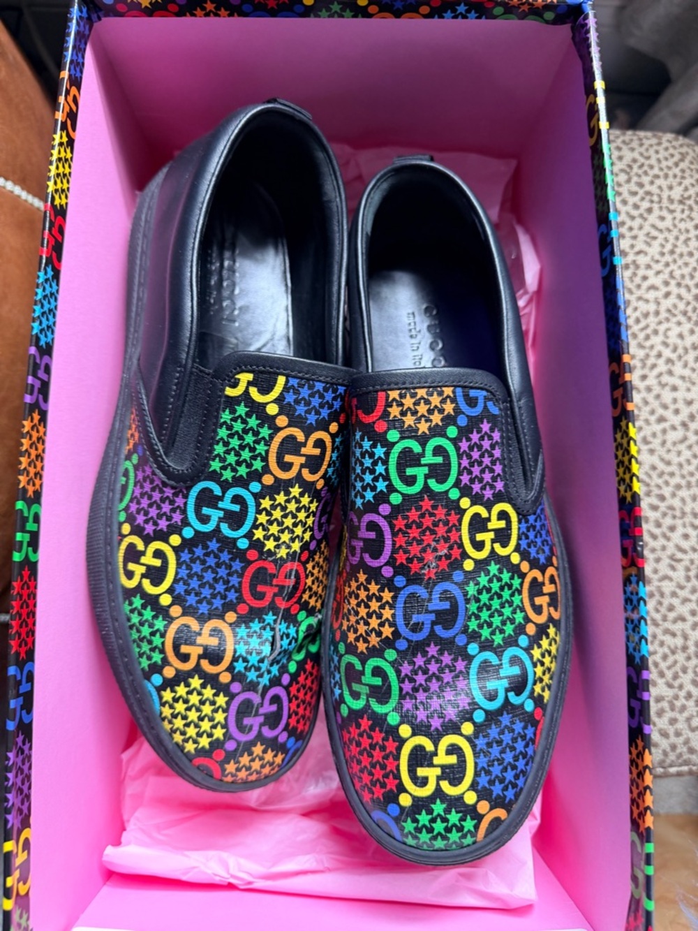 Gucci Black Slip-On Sneakers with Multicolor GG Print
